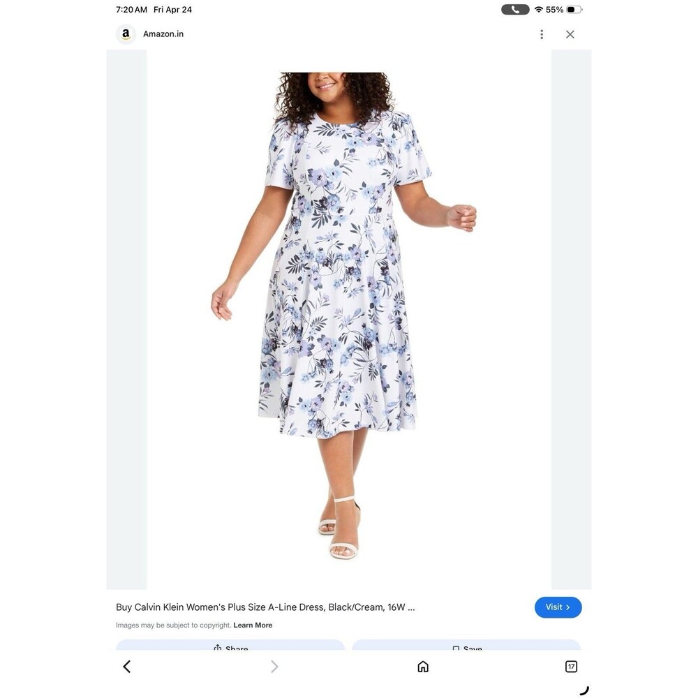 Calvin Klein Floral Fit Flare Short Sleeve Dress White Blue Purple Size 14W